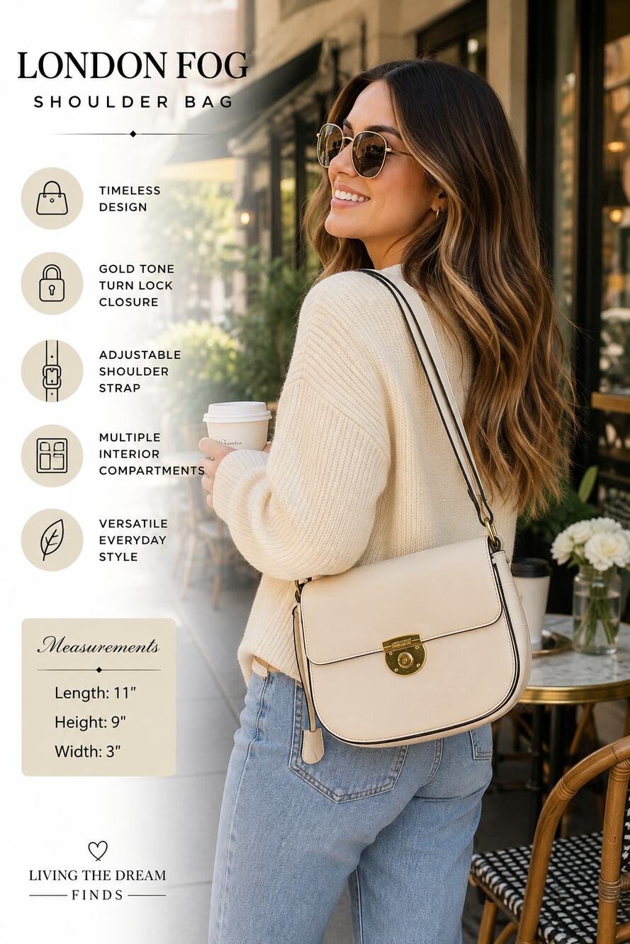 London Fog Women’s Cream Ivory Shoulder Bag Purse Gold Tone Turn Lock